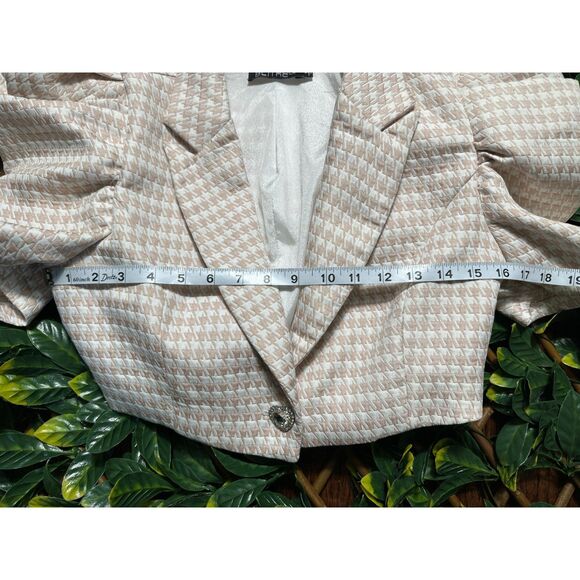 BLITHE LA Pink White Houndstooth Puffy Shoulder Cropped Blazer Top Size S - Picture 5 of 7
